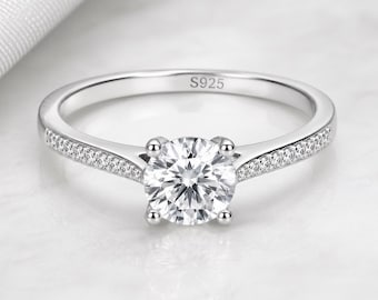 925 sterlingzilveren solitairering, rond geslepen pave band verlovingsring