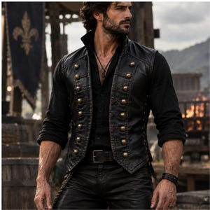 May include: A black leather waistcoat featuring two vertical rows of round brass-coloured buttons, a high collar, and a structured fit. The waistcoat is worn over a black long-sleeved shirt, paired with black trousers and a black leather belt with a metal buckle.