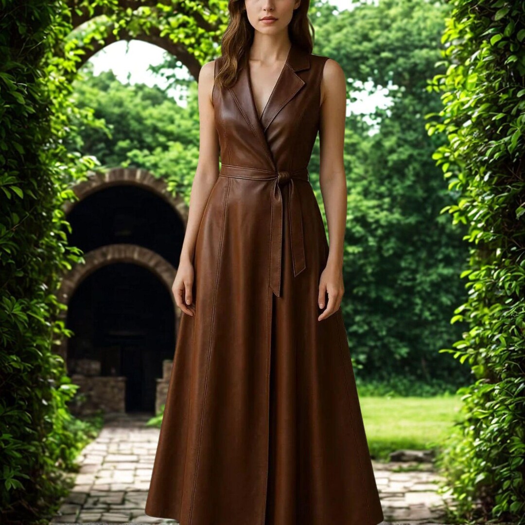 Brown Leather Wrap Maxi Dress, Sleeveless A-line Belted Elegant Outfit