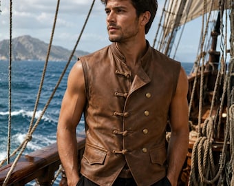 Men’s Brown Leather Vest, Pirate Vest, Vintage Leather Waistcoat, Steampunk Vest, Medieval Vest, Renaissance Costume, Gothic Vest