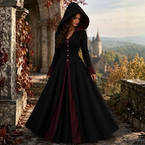 Hooded Gothic Cloak Dress for Women, Medieval Renaissance Hooded Gown, Witch Costume Dress, Fantasy Cosplay Outfit, Victorian Maxi Coat