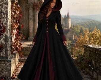 Vestido gótico con capucha para mujer, vestido medieval renacentista con capucha, vestido de disfraz de bruja, atuendo de cosplay de fantasía, abrigo largo victoriano