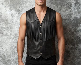 Men’s Genuine Leather Fringe Vest Handmade Western Cowboy Biker Style Sleeveless Leather Waistcoat