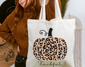 Leopard Pumpkin Tote Bags, Thankful Tote Bag, Pumpkin Flower Garden Blessed Tote Bag, Fall Thanksgiving Shopping Candy Tote Bags TG8TB