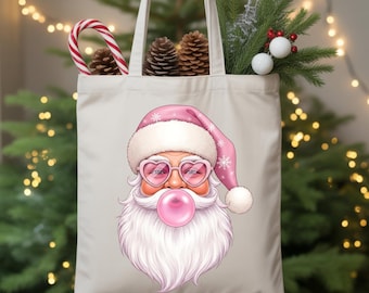Pink Santa Tote Bag, Bubblegum Cute Christmas Shoulder Tote, Girly Holiday Gift Bag, Retro Bubblegum Santa Reusable Xmas Bag, CM53