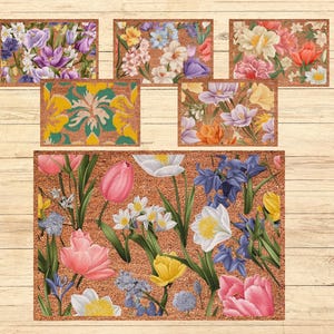 Può includere: Una collezione di zerbini e tappeti floreali più piccoli. I tappeti presentano una varietà di fiori colorati, tra cui tulipani, narcisi e iris, su uno sfondo marrone strutturato. I tappeti sono rettangolari e hanno un bordo decorativo.