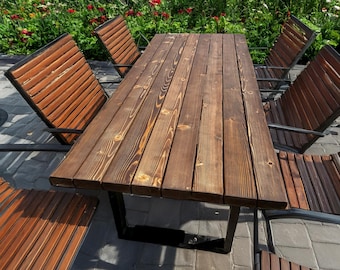 Handmade Rustic Outdoor Garden Wooden Table – Weather-Resistant Solid Wood Patio Dining Table