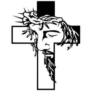 May include: A black and white graphic depicting a cross with the face of Jesus Christ. The face is in profile, with closed eyes and a beard. A crown of thorns is above the head.
