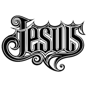 May include: Black and white graphic design of the word "Jesus" in a stylized, ornate font. The lettering features decorative swirls and pointed accents, set against a clean white background.