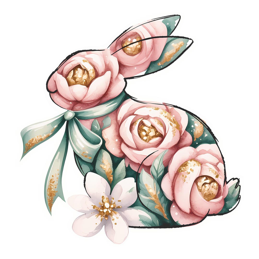 Floral Easter Bunny PNG - Watercolor Rose Rabbit Clipart - Pink Peony ...