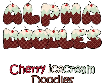 Cherry Ice Cream Doodle-lettertype: png-alfabet clipart (digitale download)