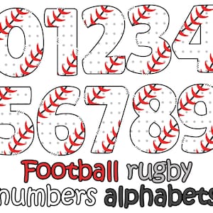 Könnte beinhalten: Eine Reihe von Baseball-Zahlen von 0-9, jede mit weißem Hintergrund, grauen Punkten und roten Nähten. Die Zahlen sind schwarz umrandet. Darunter stehen die Wörter "Football rugby numbers alphabets" in verschiedenen Schriftarten.
