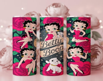 Betty Boop geïnspireerde 20oz skinny Tumbler Wrap, PNG | Retro ee met roos cartoon sublimatieontwerp | Digitale download
