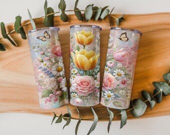 Bloemen aquarel 20oz magere beker omslag, png | Sublimatieontwerp lentebloemboeket | Digitale download