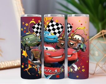 Cartoon Cars Tumbler Wrap PNG, geblokte vlag sublimatieontwerp (digitale download)