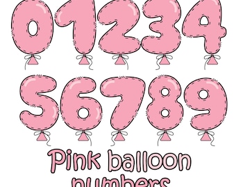 Roze ballon, cijfers en letters Clipart: doodle-lettertype (digitale png-download)