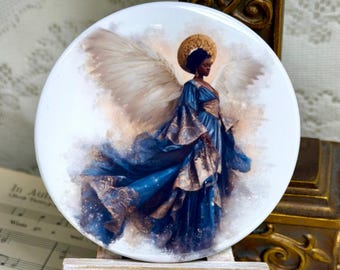 Imán de ángel afroamericano - Regalo cristiano azul y dorado (8,9 cm)
