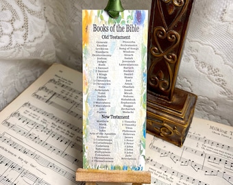 Books of the Bible Bookmark, Blue, Yellow and Green Floral, Version Two, 73 Books of the Bible, Paper Chipboard Bookmarks