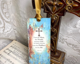 Marcapáginas con la cita bíblica de Juan 14:6, color azul rústico y óxido.