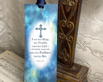 Marcapáginas de Juan 14:6, Yo soy el camino, Marcapáginas hecho a mano, Marcapáginas con versículo bíblico, Marcapáginas con versículo de la Biblia, Fondo de Cosmos y Noche Estrellada