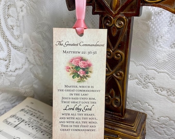 Mateo 22:36-38, El Gran Mandamiento, Rosas del Viejo Mundo, Marcapáginas Cristiano, Marcapáginas Bíblico, Marcapáginas Religioso