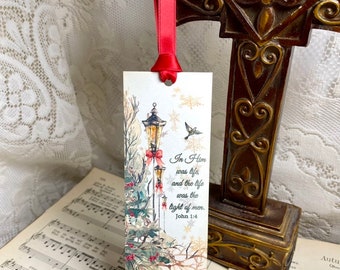 Christmas Watercolor Scripture Bookmark, Christmas Bookmark, In Him was Life, John 1:4, Holiday Bookmark, Paper Bookmark, Reading Bookmark