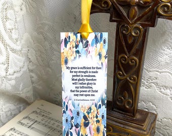 Marcapáginas floral con versículo bíblico - 2 Corintios 12:9, Regalo religioso