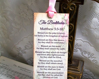 The Beatitudes, Pink Roses Christian Bookmarks, Matthew 5:3-10, Handmade Bookmarks, Reading Bookmarks, Scripture Bookmarks