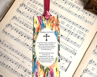 Floral Christian Bookmark, Ask Any Thing According to His Will, Scripture Bookmarks, 1 John 5:14-15, Christian Bookmark, Bible Bookmark