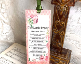 The Lord's Prayer Bookmark, Matthew 6:9-13, Pink Roses Christian Bookmarks, Handmade Bookmarks, Reading Bookmarks, Scripture Bookmarks