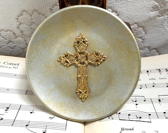 Cruz cristiana, plato decorativo de cemento envejecido, porta baratijas, decoración inspiradora para el hogar