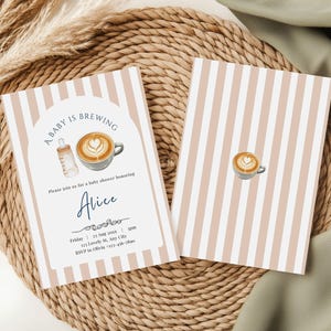 May include: Two baby shower invitations with a vertical striped design in beige and white. One invitation reads "A BABY IS BREWING" with a coffee cup and baby bottle illustration. The other invitation has a coffee cup illustration.