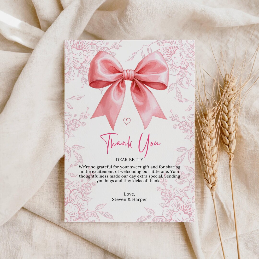 Pink Bow Girl Baby Shower Thanks Card Set, Chinoiserie Thank You Notes ...