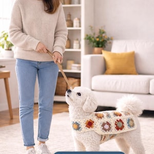 May include: A woman in a beige sweater and blue jeans walks a white dog wearing a colorful crochet sweater. The dog is on a leash. The image includes the text "PDF DOWNLOAD".