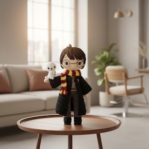 以下が含まれることがあります： 黒い髪、丸いメガネ、ストライプのスカーフをしたキャラクターの、かぎ針編みの人形。人形は黒いローブを着て、白いフクロウを持っています。人形は丸い木製のテーブルの上に立っています。