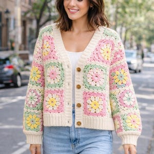 Floral Granny Square Crochet Cardigan Pattern PDF, Oversized Boho Patchwork Sweater Sizes A-F