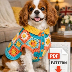 以下が含まれることがあります： カラフルな犬用かぎ針編みセーターを着たキャバリア・キング・チャールズ・スパニエル。セーターは、青、オレンジ、黄色、白の色合いの花柄です。犬の横にはPDFパターンが表示されています。