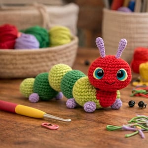 May include: A colorful, crocheted caterpillar toy with a red head, green and yellow body segments, and purple feet. The caterpillar has large blue eyes and purple antennae. A crochet hook and yarn are in the background.