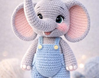 Kawaii Elephant Crochet Pattern – Easy Amigurumi Toy, Blue Overalls (PDF Download)