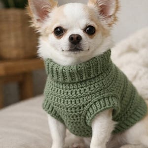 Puede incluir: Un perro Chihuahua pequeño, blanco y canela, que lleva un suéter verde de cuello alto tejido a mano. El perro está sentado sobre una superficie de color claro, con un fondo neutro. El suéter es de color verde liso y apagado.