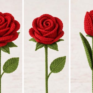 May include: Three handmade crochet flowers: two red roses and a red tulip. The roses have green leaves and stems, while the tulip has green leaves and stem. The flowers are crafted with a textured yarn.
