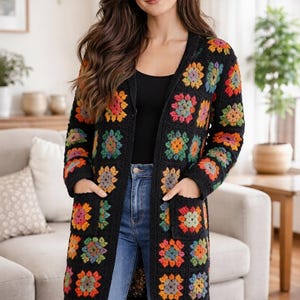 Longline Bold + Black Granny Square Cardigan Crochet Pattern (PDF Download, US Terms) | EagleTryStudio