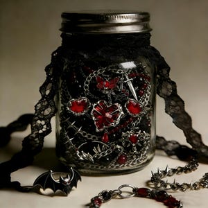 Barattolo portagioie gotico / Set selezionato di collana, orecchini, anelli e bracciali vintage scuri / Regalo estetico per lei