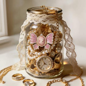 Barattolo portagioie vintage, anelli, collane e bracciali assortiti, regalo per lei