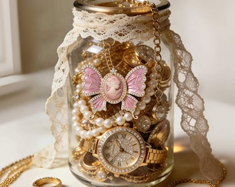 Pote de joias vintage, com anéis, colares e pulseiras variados, presente para ela.