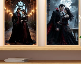 May include: Two framed art prints featuring gothic-style illustrations of a couple in elegant attire. The first print shows the couple in a grand hall, while the second depicts them on a balcony with a full moon.