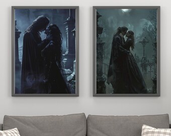 May include: Two framed art prints depicting romantic gothic scenes. The artwork features figures in dark attire embracing in a moonlit, atmospheric setting. The prints are displayed above a gray sofa with plaid throw pillows.