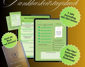 Dankbaarheidsdagboek PDF | 424 pagina's | Geluksdagboek voor zelfliefde, mindfulness en dagelijkse geluksmomenten | Dagboek voor 1 jaar | Digitale download