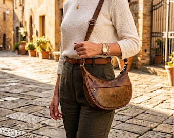 Sac hobo en cuir Crescent, sac à main en forme de demi-lune pleine fleur marron effet vieilli