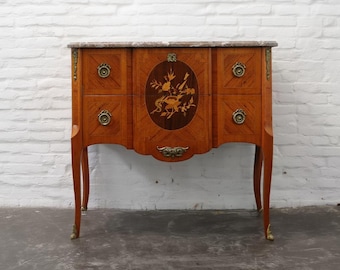 Antique French Marquetry Side Table with Marble Top